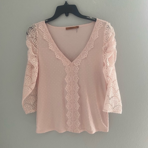 Belldini Pink SWISS-DOT TOP WITH LACE DETAIL - Picture 1 of 6